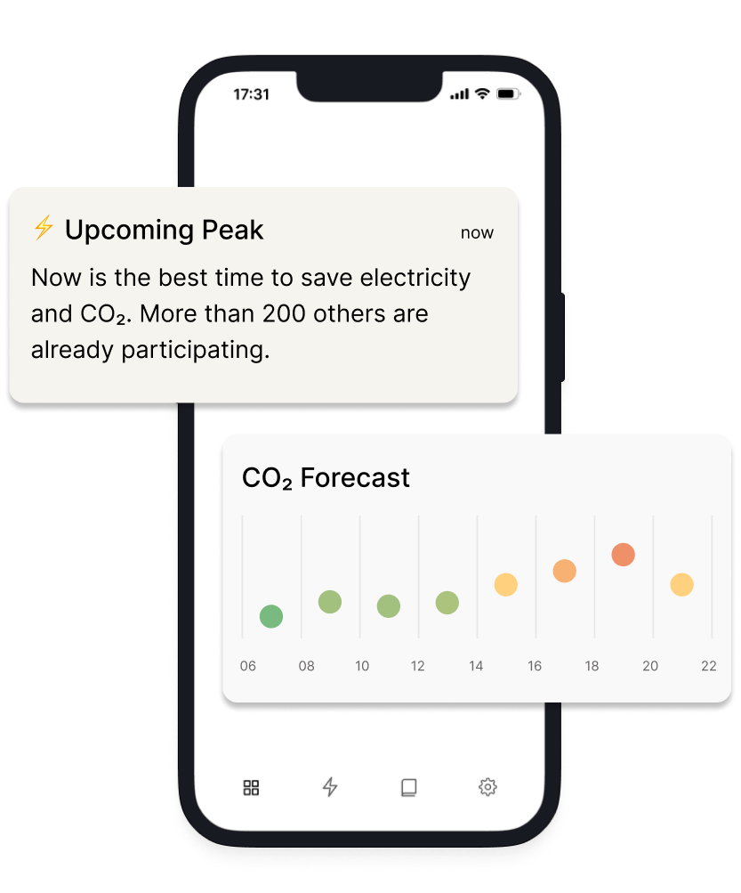 Notifications and CO₂ forecast as displayed in the ecopeak app.